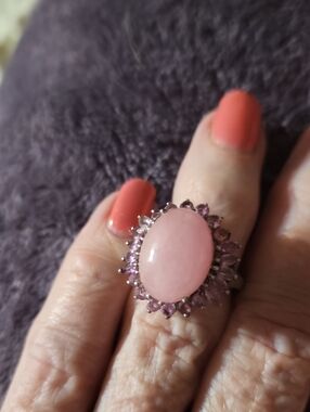 Pink Oval Cabochon Statement Ring with Pink Halo